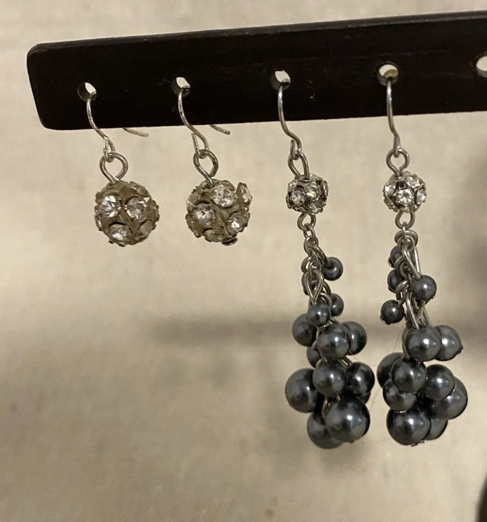 Vintage Set of 2 Dangle Rhinestone Ball Earrings Elegant 80's Fashion Jewelry